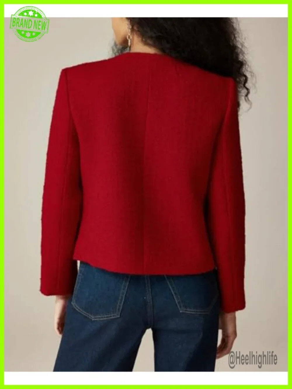 Cropped Tweed Collarless Blazer with Pockets Business Casual